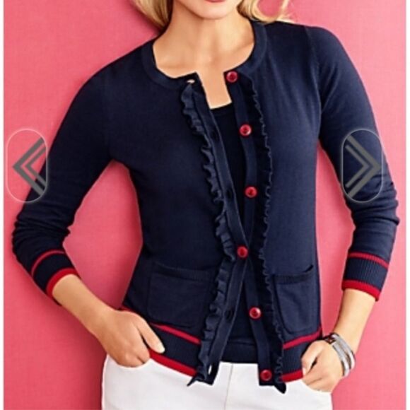 Talbots Lightweight Button Ruffle Nautical Cashmere Blend Cardigan Women Size LP - Picture 3 of 16